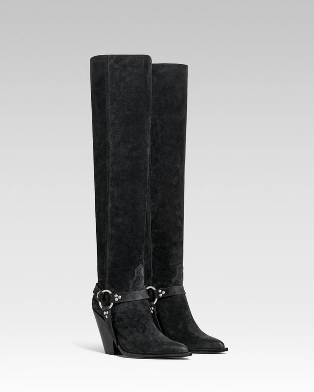 ACAPULCO BELT Women's Knee Boots in Off Black Suede Oil | Leather Harness